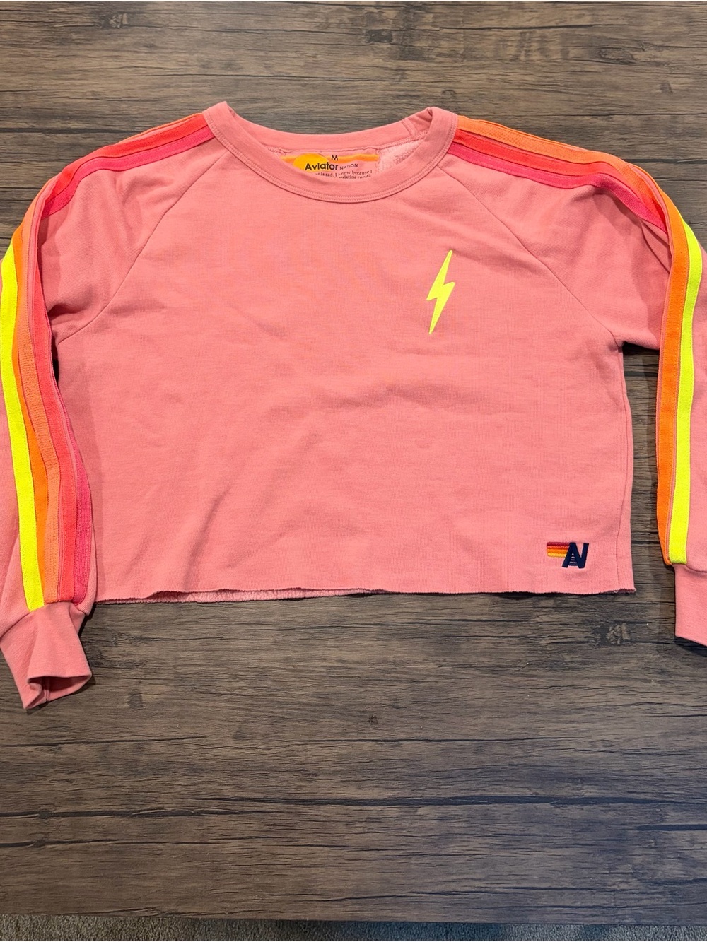Aviator Nation Woman’s Medium Pink Cropped Lightning Sweatshirt Bold Neon